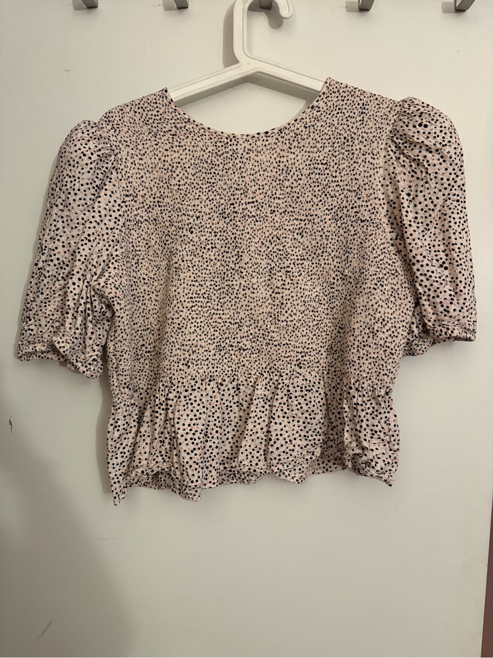 Express Pink Puff-Sleeve Peplum Blouse with Black Dot Print